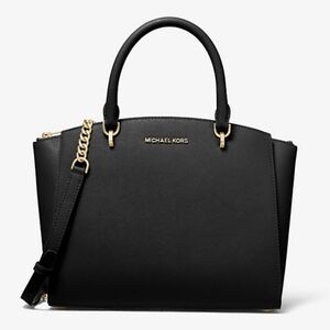Michael Kors Ellis Black‎ Safianno Leather Satchel Gold Hardware ☆